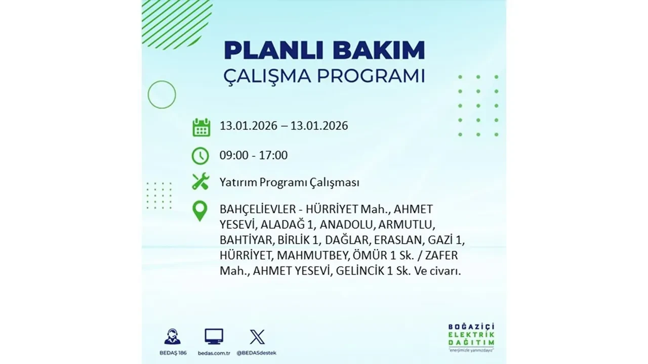 İstanbul planlı elektrik kesintisi açıklaması! 13 Ocak’ta 12 ilçede çalışma nedeniyle elektrikler kesilecek