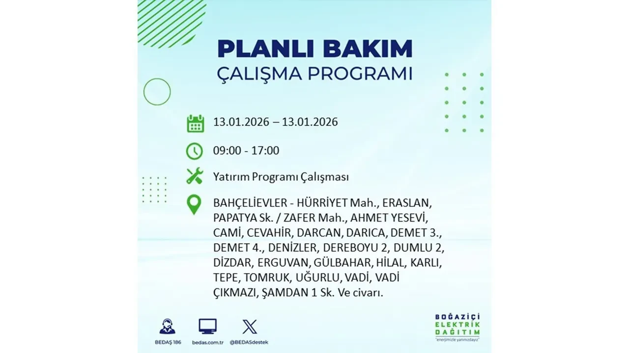 İstanbul planlı elektrik kesintisi açıklaması! 13 Ocak’ta 12 ilçede çalışma nedeniyle elektrikler kesilecek