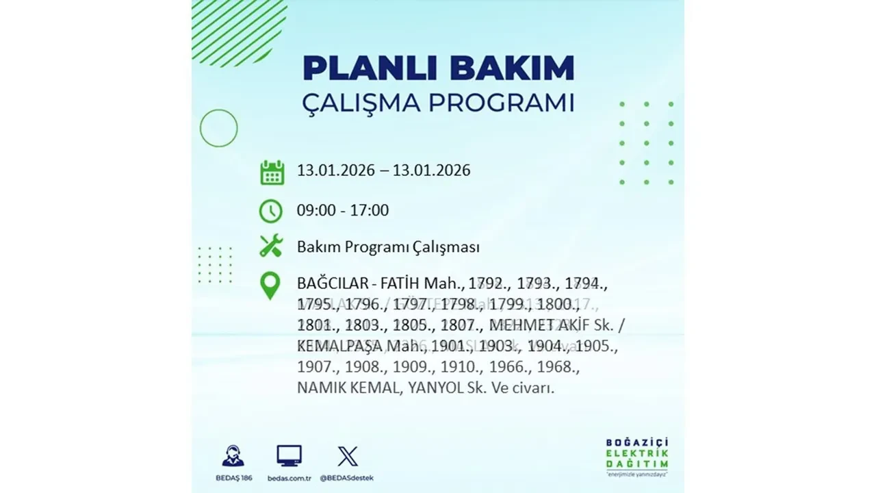 İstanbul planlı elektrik kesintisi açıklaması! 13 Ocak’ta 12 ilçede çalışma nedeniyle elektrikler kesilecek
