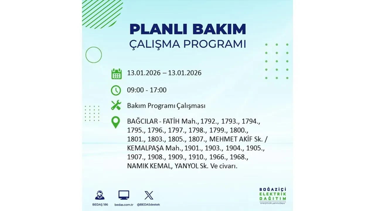 İstanbul planlı elektrik kesintisi açıklaması! 13 Ocak’ta 12 ilçede çalışma nedeniyle elektrikler kesilecek