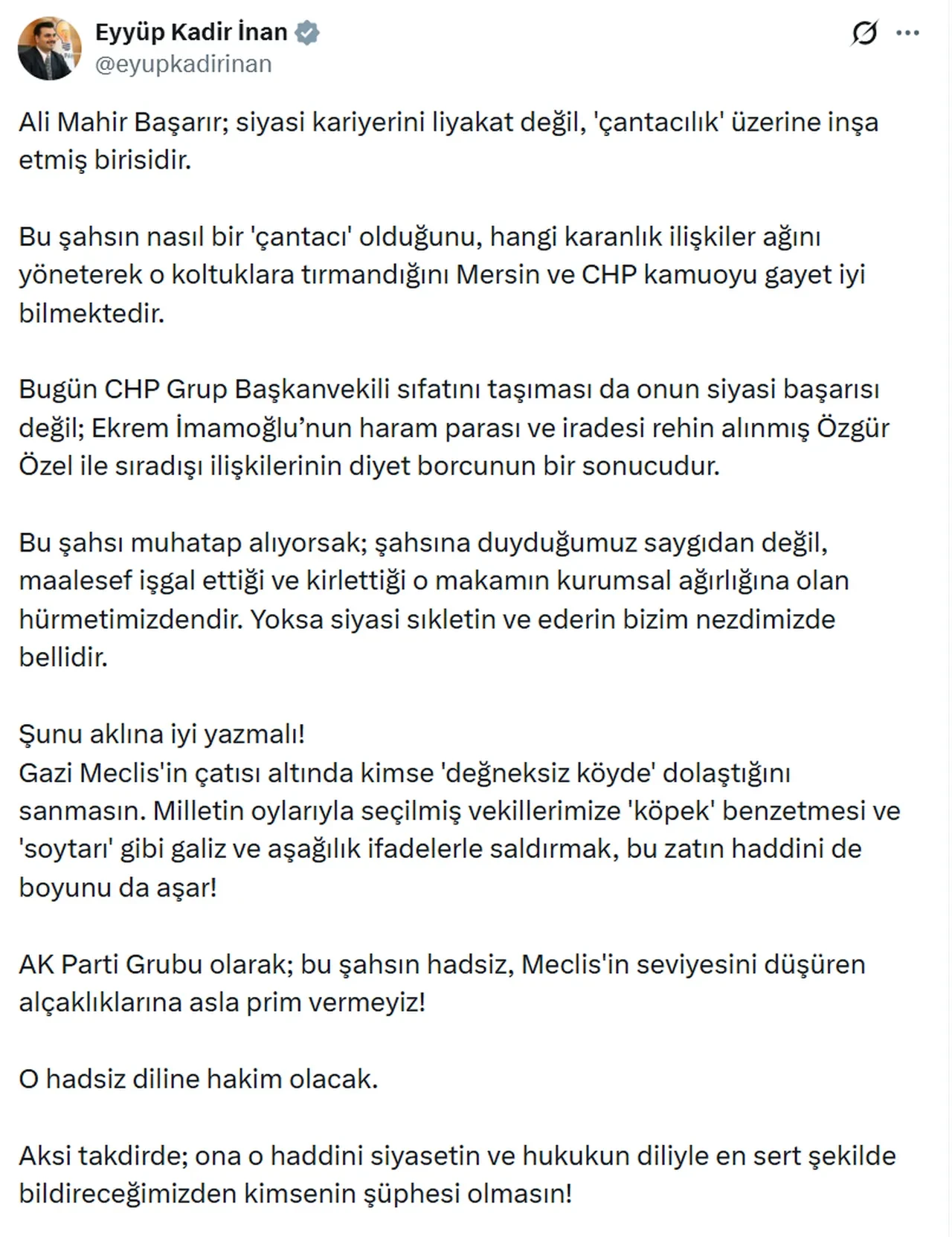 AK Parti Genel Sekreteri İnan’dan Ali Mahir Başarır’a tepki