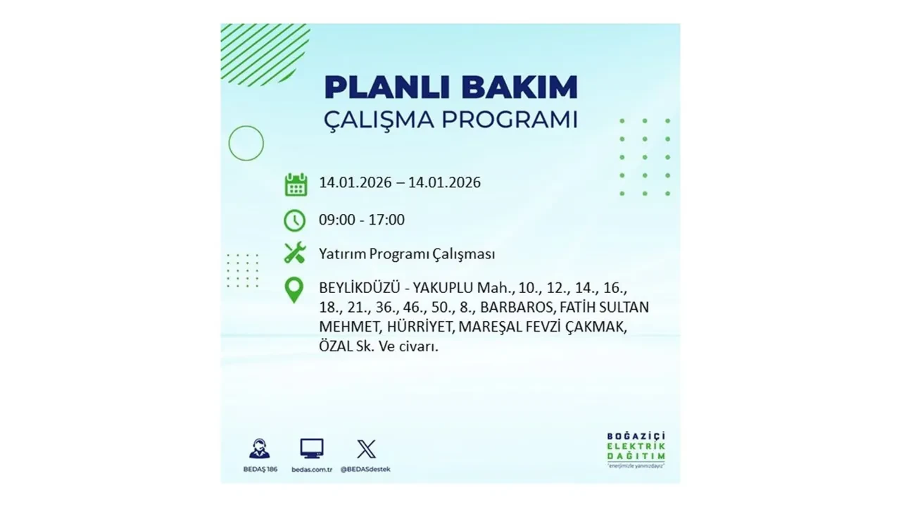 İstanbul’da geniş çaplı elektrik kesintisi! 14 Ocak Çarşamba günü 12 ilçede birden planlı elektrik kesintisi uygulanacak