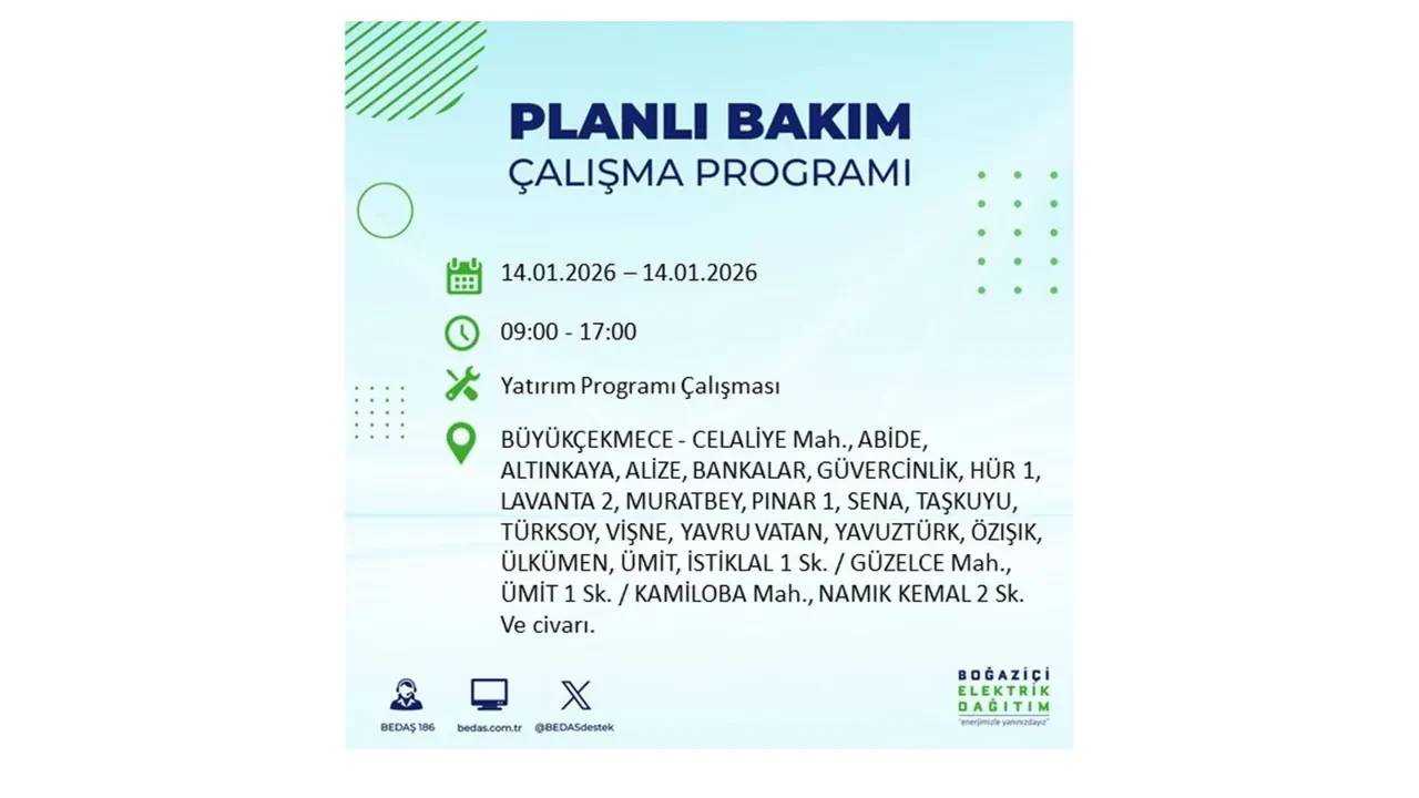 İstanbul’da geniş çaplı elektrik kesintisi! 14 Ocak Çarşamba günü 12 ilçede birden planlı elektrik kesintisi uygulanacak