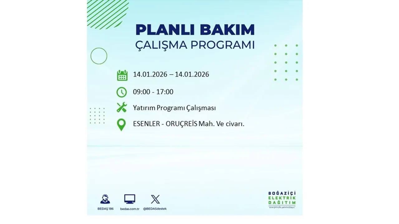 İstanbul’da geniş çaplı elektrik kesintisi! 14 Ocak Çarşamba günü 12 ilçede birden planlı elektrik kesintisi uygulanacak
