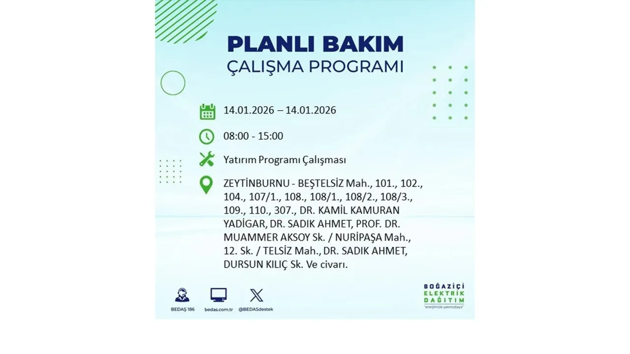 İstanbul’da geniş çaplı elektrik kesintisi! 14 Ocak Çarşamba günü 12 ilçede birden planlı elektrik kesintisi uygulanacak