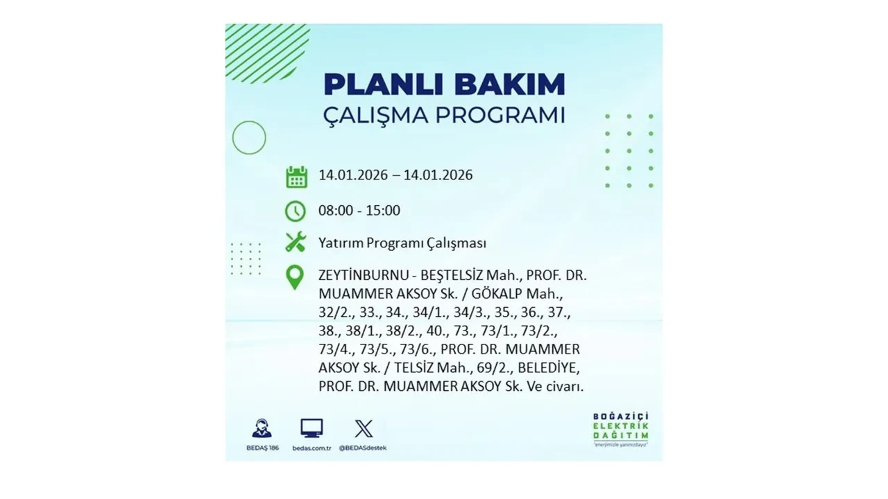 İstanbul’da geniş çaplı elektrik kesintisi! 14 Ocak Çarşamba günü 12 ilçede birden planlı elektrik kesintisi uygulanacak