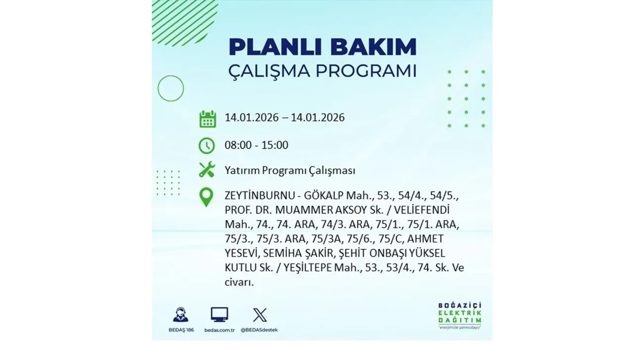 İstanbul’da geniş çaplı elektrik kesintisi! 14 Ocak Çarşamba günü 12 ilçede birden planlı elektrik kesintisi uygulanacak