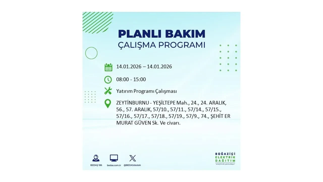 İstanbul’da geniş çaplı elektrik kesintisi! 14 Ocak Çarşamba günü 12 ilçede birden planlı elektrik kesintisi uygulanacak