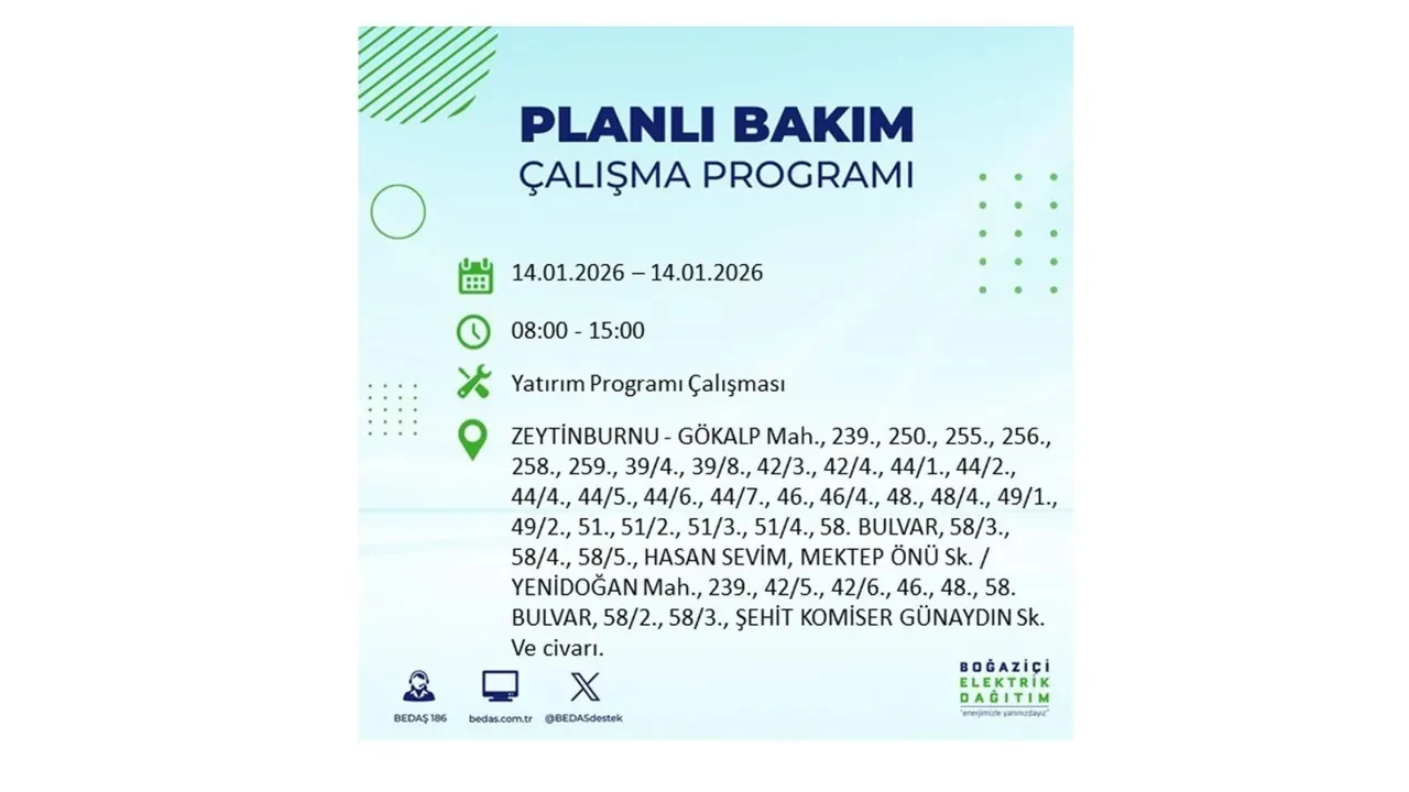 İstanbul’da geniş çaplı elektrik kesintisi! 14 Ocak Çarşamba günü 12 ilçede birden planlı elektrik kesintisi uygulanacak