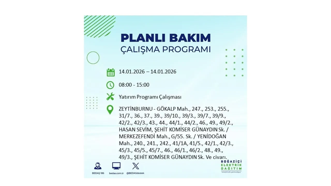 İstanbul’da geniş çaplı elektrik kesintisi! 14 Ocak Çarşamba günü 12 ilçede birden planlı elektrik kesintisi uygulanacak