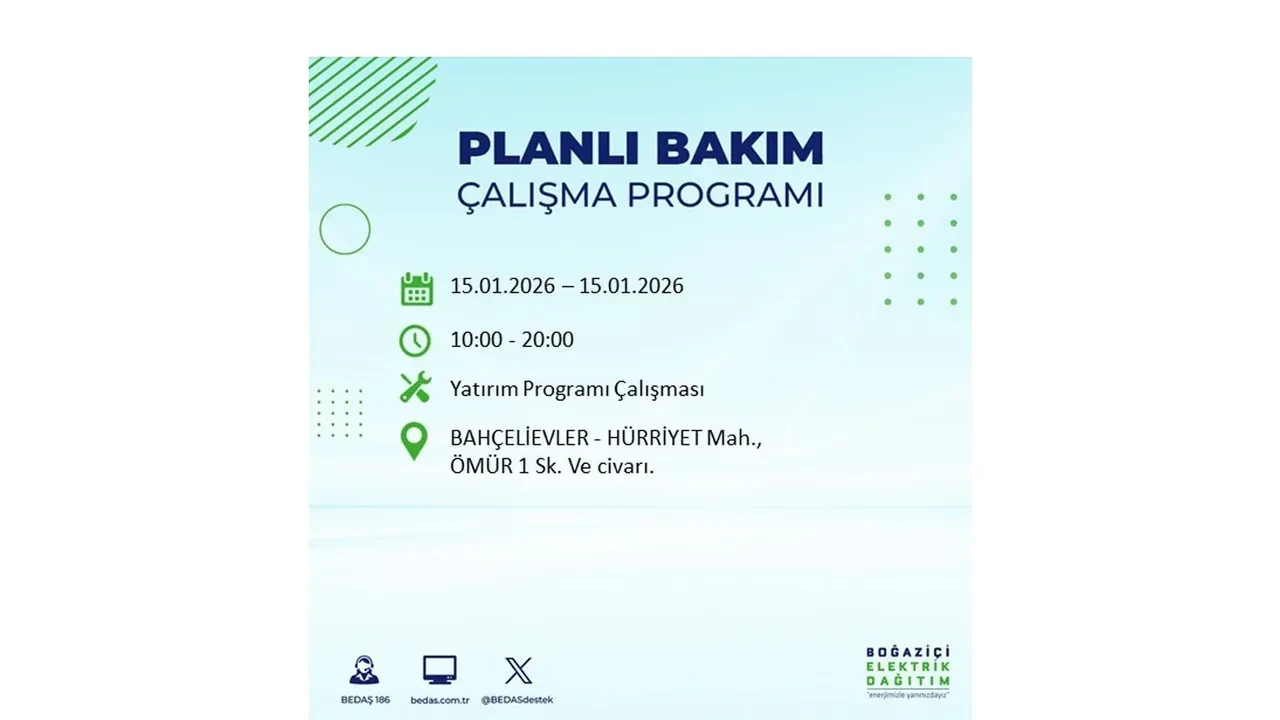 15 Ocak İstanbul planlı elektrik kesintisi duyurusu! Tam 23 ilçe karanlıkta kalacak