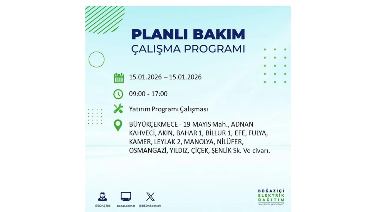 15 Ocak İstanbul planlı elektrik kesintisi duyurusu! Tam 23 ilçe karanlıkta kalacak