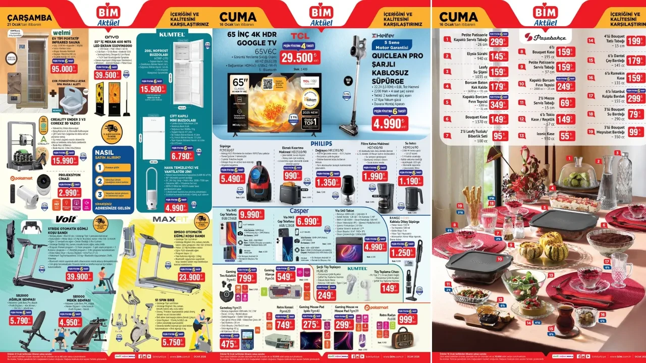 BİM 16-23 Ocak aktüel ürünler yeni kataloğu 2026! Akıllı cep telefonu, televizyon, fincan seti, spor giyim ürünleri geliyor