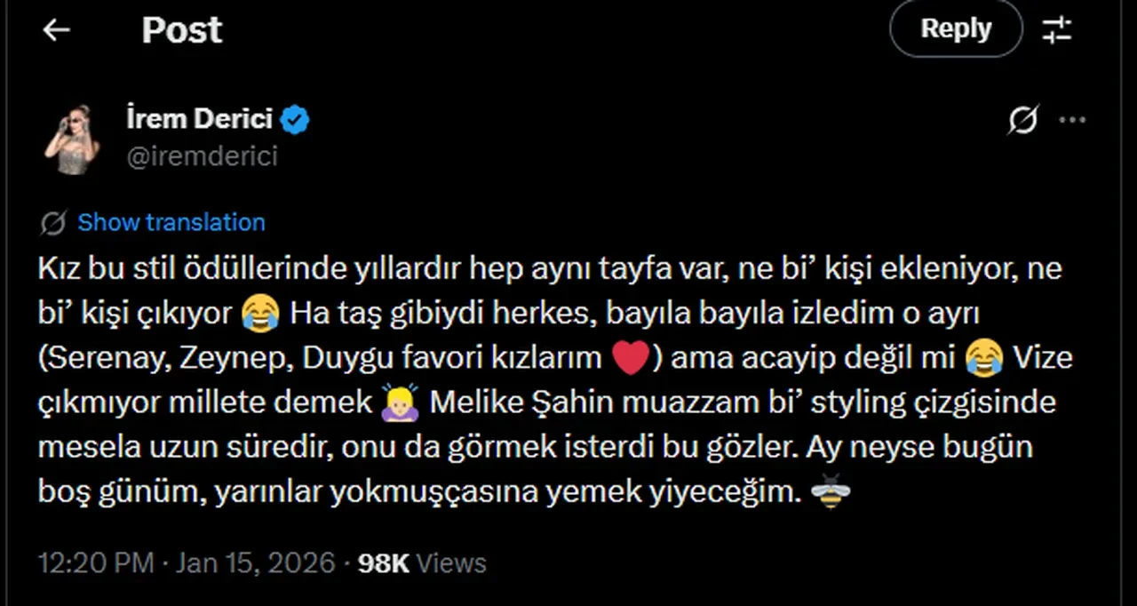 irem Derici ödül törenine katılanları eleştirdi: Hep aynı tayfa var 