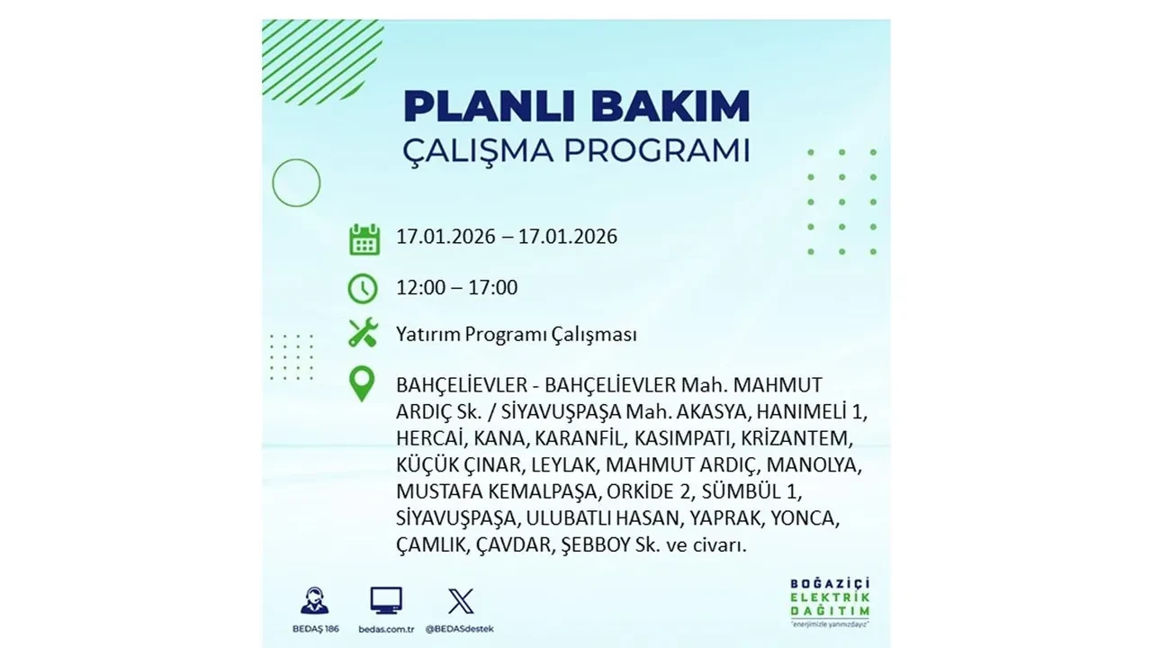 İstanbul’da dev elektrik kesintisi! 17 Ocak Cumartesi günü 15 ilçede planlı elektrik kesintisi uygulanacak