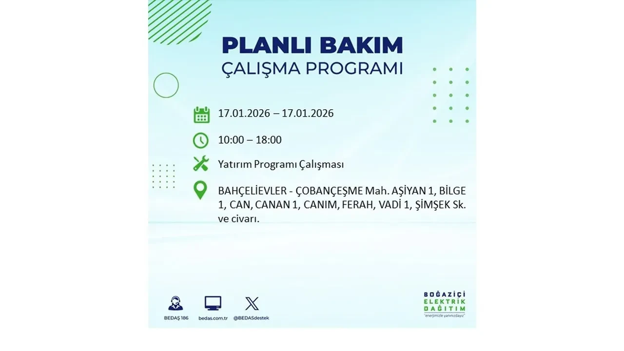 İstanbul’da dev elektrik kesintisi! 17 Ocak Cumartesi günü 15 ilçede planlı elektrik kesintisi uygulanacak