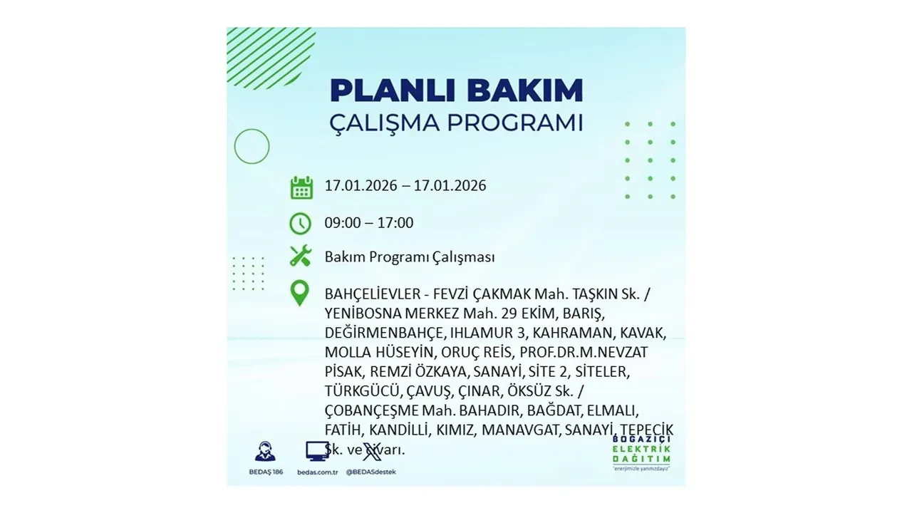 İstanbul’da dev elektrik kesintisi! 17 Ocak Cumartesi günü 15 ilçede planlı elektrik kesintisi uygulanacak