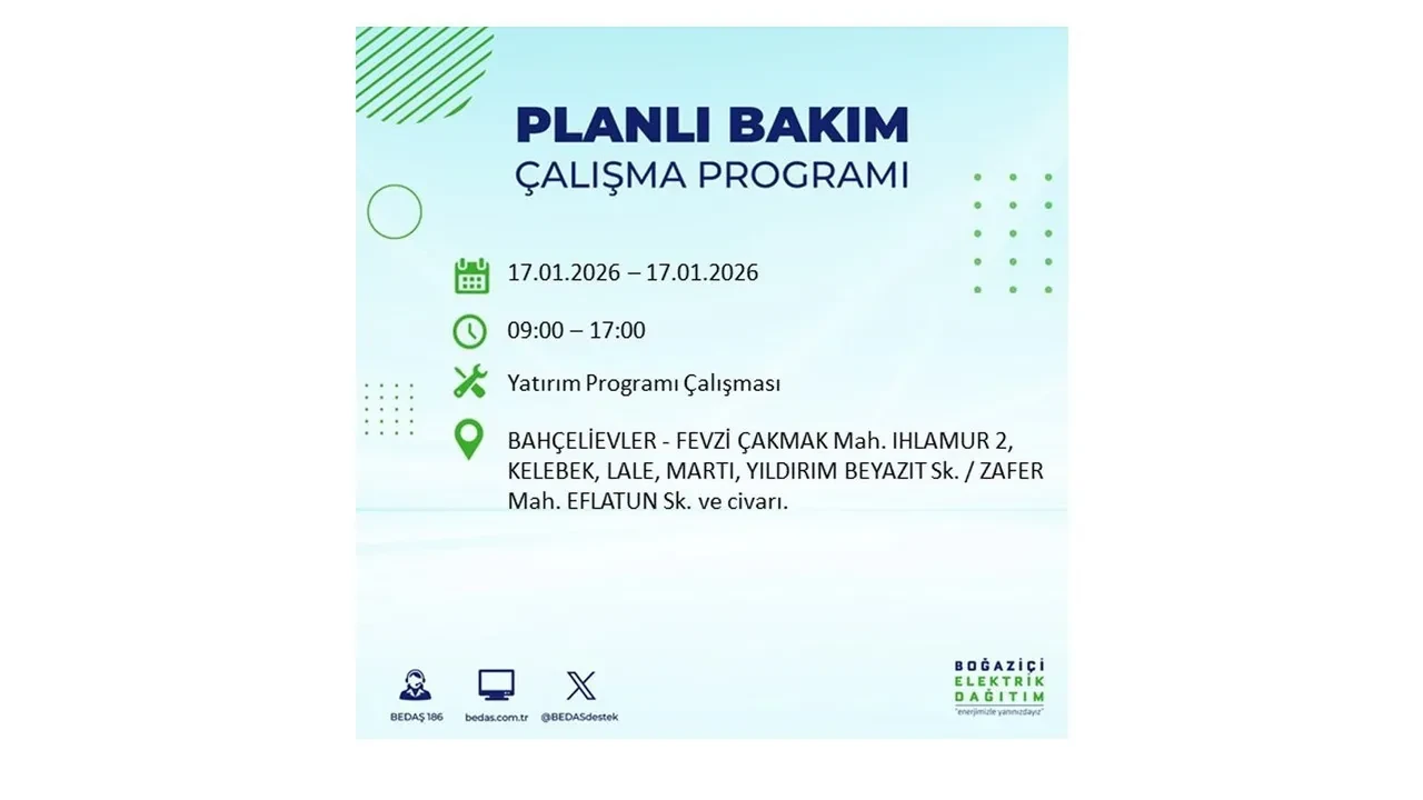 İstanbul’da dev elektrik kesintisi! 17 Ocak Cumartesi günü 15 ilçede planlı elektrik kesintisi uygulanacak