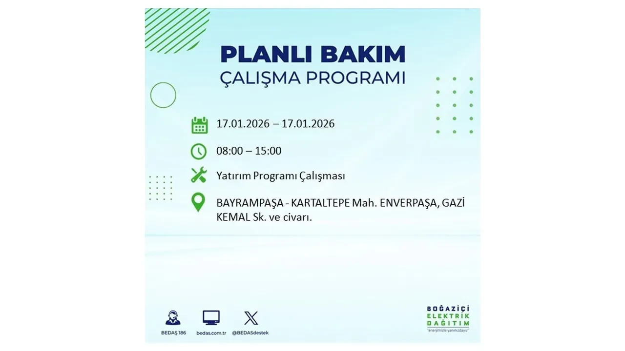 İstanbul’da dev elektrik kesintisi! 17 Ocak Cumartesi günü 15 ilçede planlı elektrik kesintisi uygulanacak