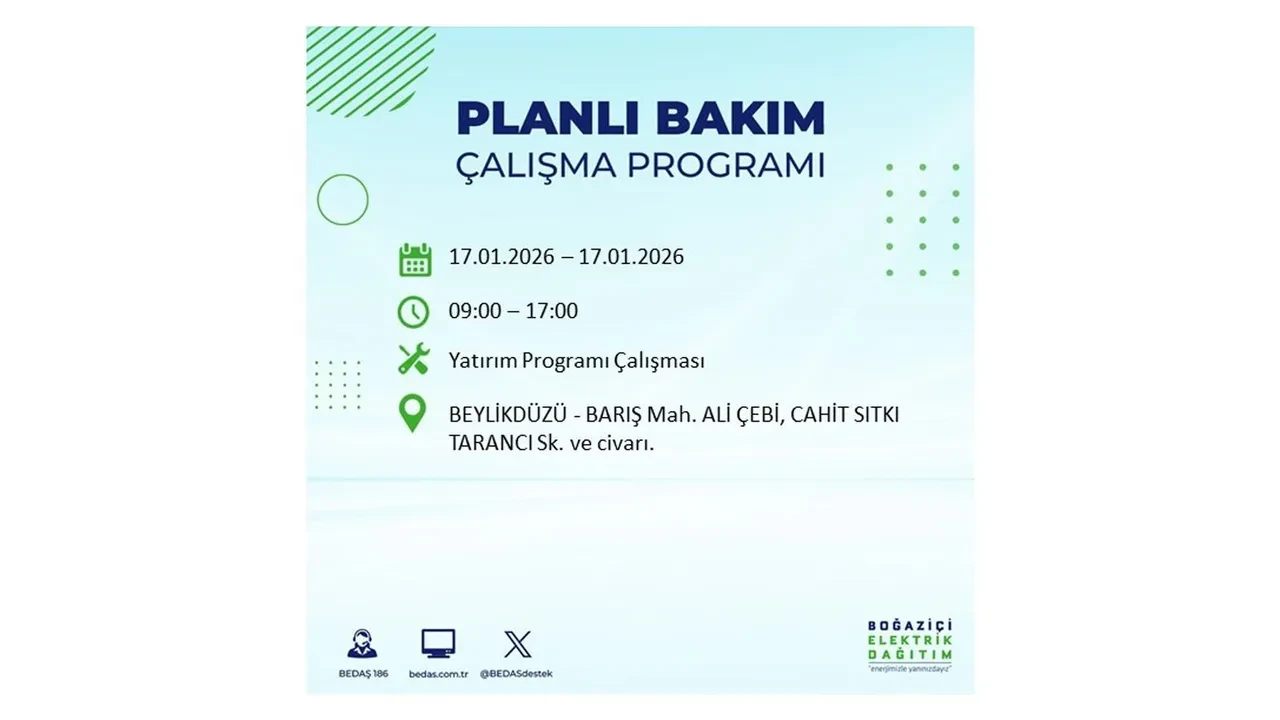 İstanbul’da dev elektrik kesintisi! 17 Ocak Cumartesi günü 15 ilçede planlı elektrik kesintisi uygulanacak