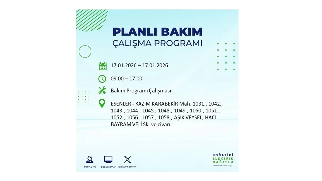 İstanbul’da dev elektrik kesintisi! 17 Ocak Cumartesi günü 15 ilçede planlı elektrik kesintisi uygulanacak