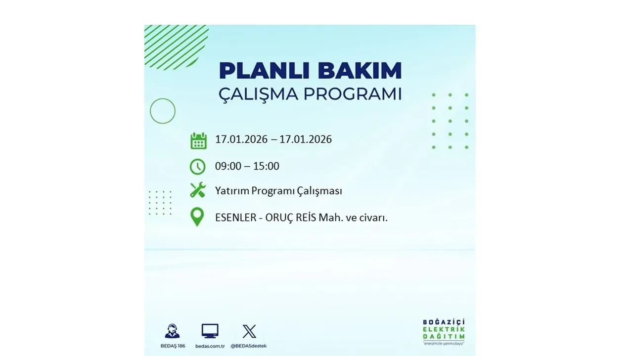 İstanbul’da dev elektrik kesintisi! 17 Ocak Cumartesi günü 15 ilçede planlı elektrik kesintisi uygulanacak