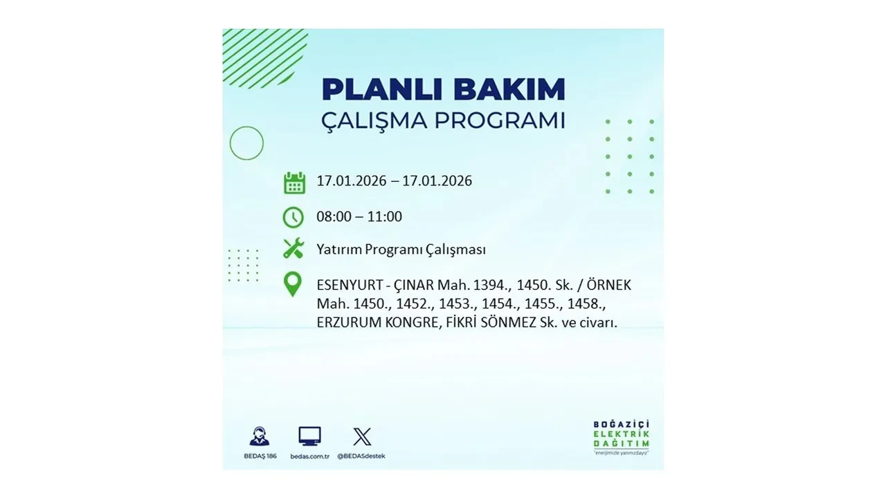 İstanbul’da dev elektrik kesintisi! 17 Ocak Cumartesi günü 15 ilçede planlı elektrik kesintisi uygulanacak