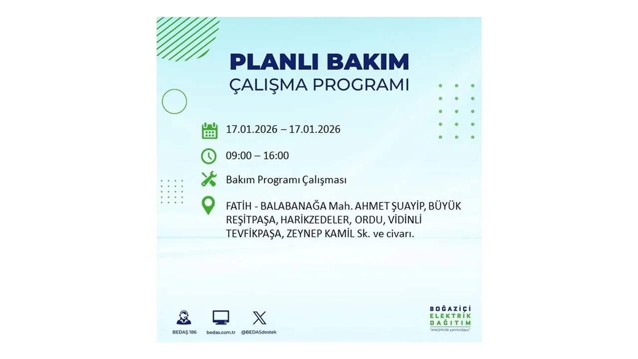 İstanbul’da dev elektrik kesintisi! 17 Ocak Cumartesi günü 15 ilçede planlı elektrik kesintisi uygulanacak
