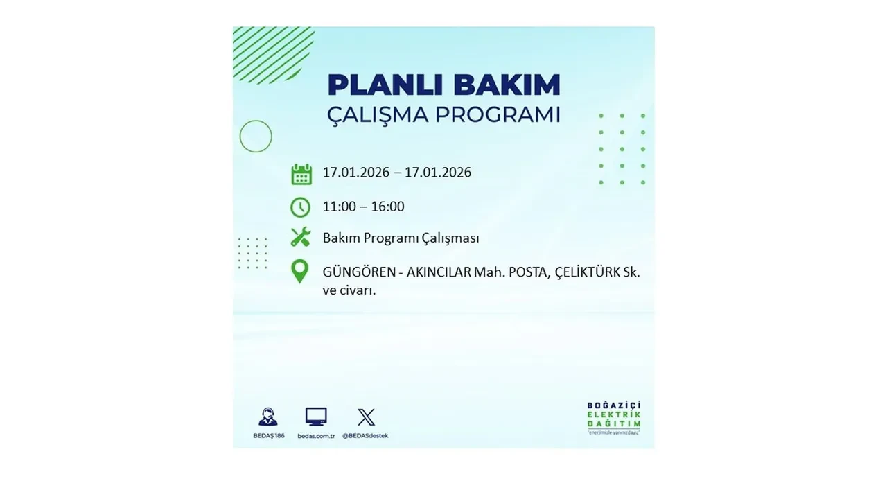İstanbul’da dev elektrik kesintisi! 17 Ocak Cumartesi günü 15 ilçede planlı elektrik kesintisi uygulanacak