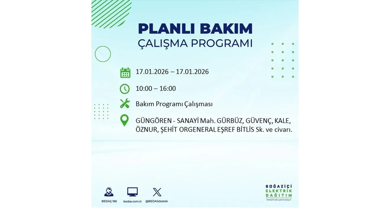 İstanbul’da dev elektrik kesintisi! 17 Ocak Cumartesi günü 15 ilçede planlı elektrik kesintisi uygulanacak