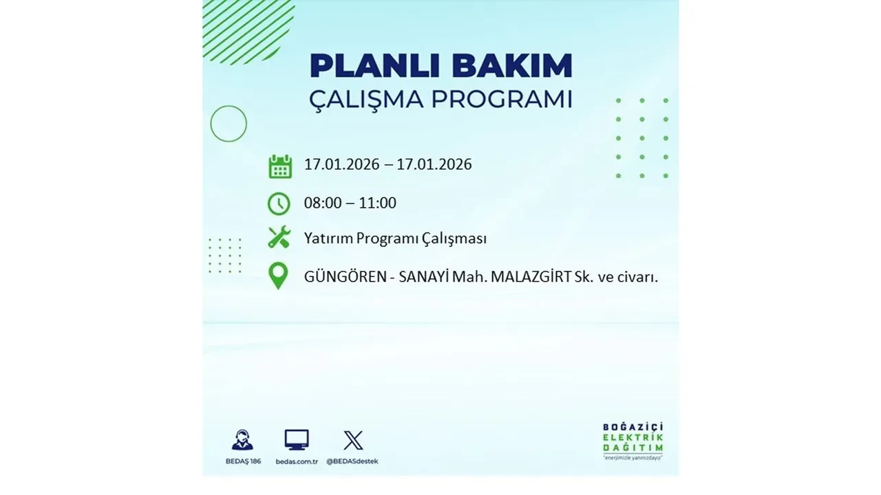 İstanbul’da dev elektrik kesintisi! 17 Ocak Cumartesi günü 15 ilçede planlı elektrik kesintisi uygulanacak