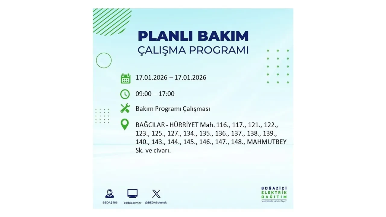 İstanbul’da dev elektrik kesintisi! 17 Ocak Cumartesi günü 15 ilçede planlı elektrik kesintisi uygulanacak