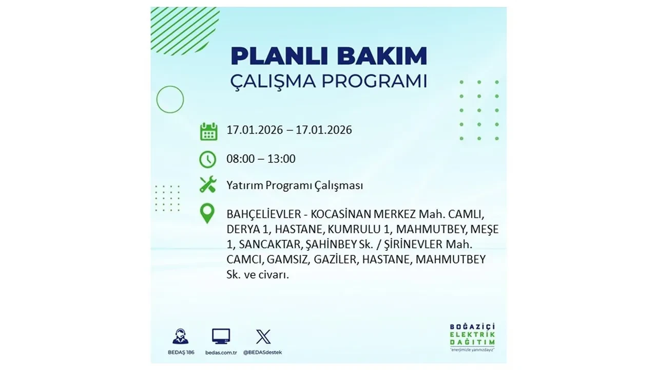 İstanbul’da dev elektrik kesintisi! 17 Ocak Cumartesi günü 15 ilçede planlı elektrik kesintisi uygulanacak