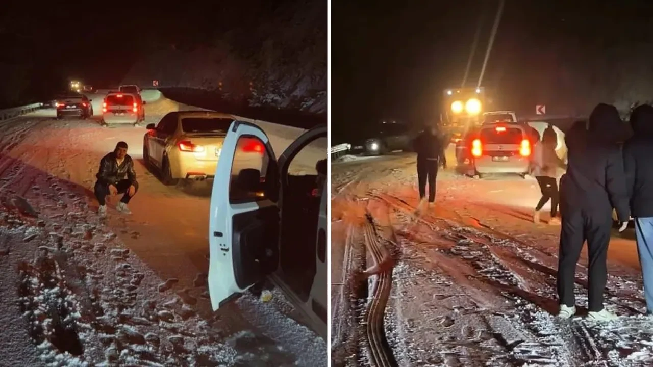 Bursa'da kar yağışı yol kapattı! Oylat Kaplıcaları'nda 20 araç mahsur kaldı
