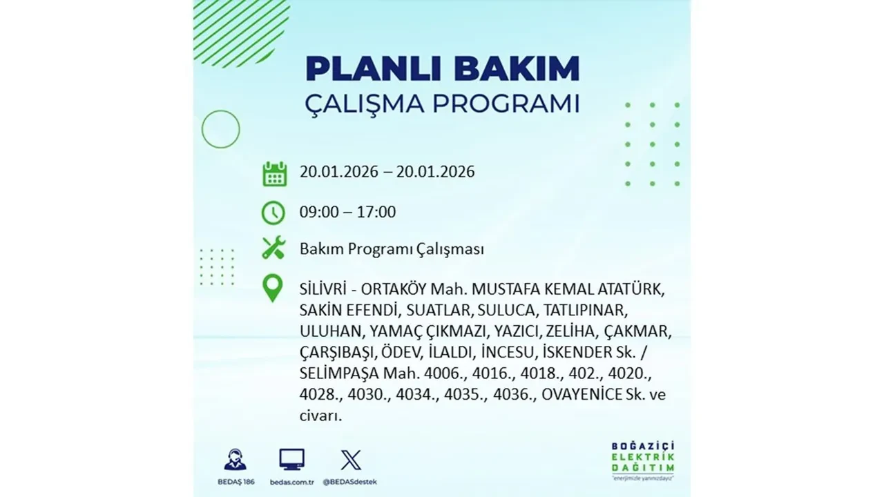 İstanbullulara kötü haber! 20 Ocak Salı günü 25 ilçede planlı elektrik kesintisi uygulanacak! İşte ilçe ilçe elektrik kesintisi tablosu