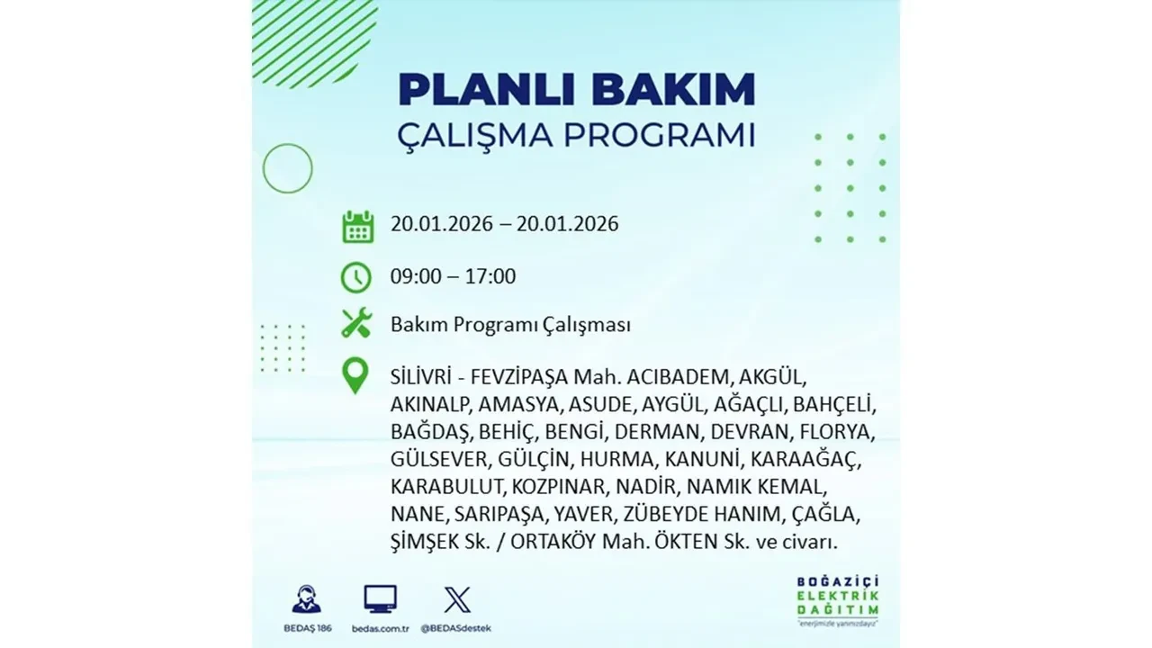 İstanbullulara kötü haber! 20 Ocak Salı günü 25 ilçede planlı elektrik kesintisi uygulanacak! İşte ilçe ilçe elektrik kesintisi tablosu