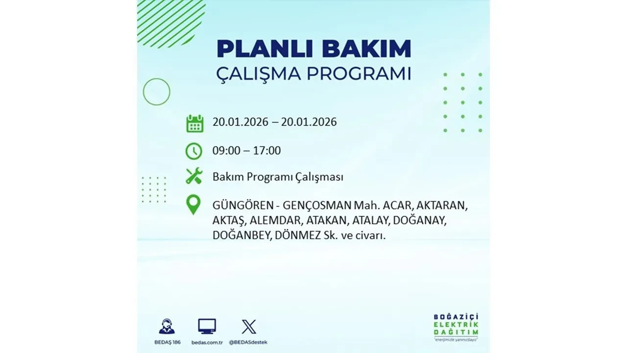 İstanbullulara kötü haber! 20 Ocak Salı günü 25 ilçede planlı elektrik kesintisi uygulanacak! İşte ilçe ilçe elektrik kesintisi tablosu