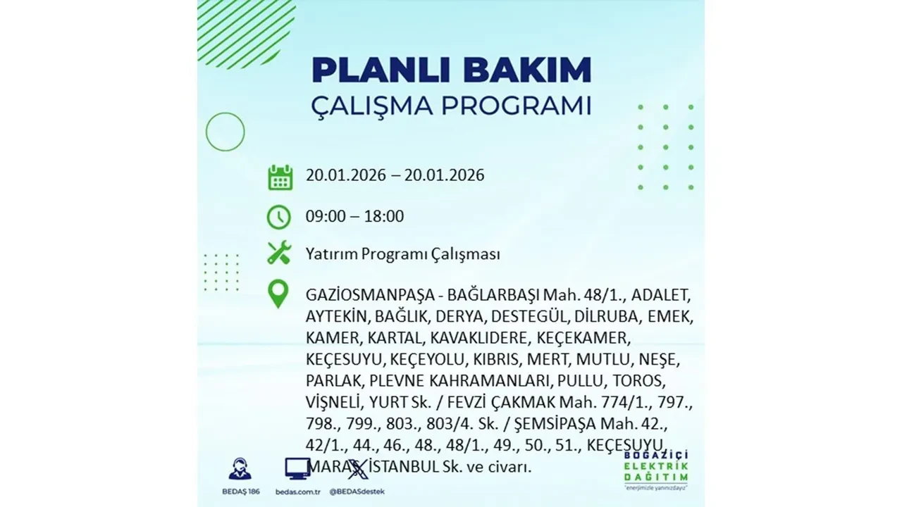 İstanbullulara kötü haber! 20 Ocak Salı günü 25 ilçede planlı elektrik kesintisi uygulanacak! İşte ilçe ilçe elektrik kesintisi tablosu