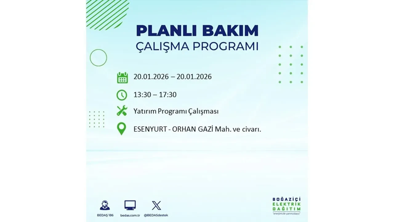 İstanbullulara kötü haber! 20 Ocak Salı günü 25 ilçede planlı elektrik kesintisi uygulanacak! İşte ilçe ilçe elektrik kesintisi tablosu