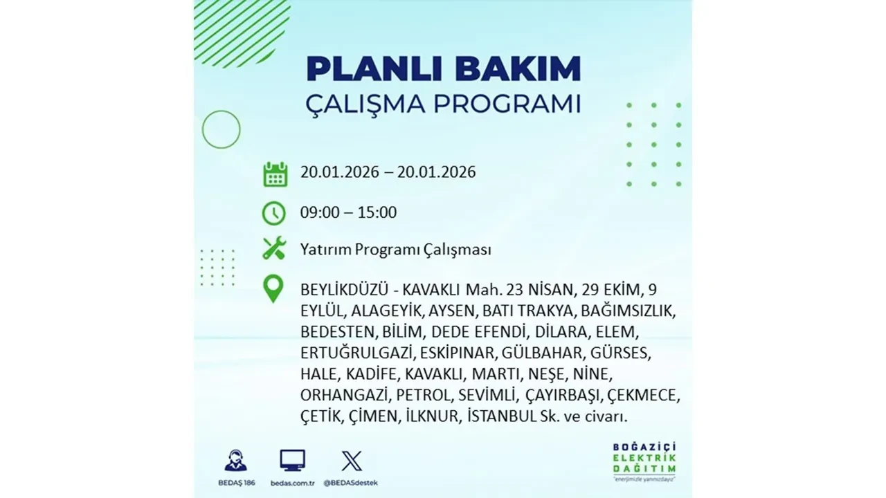 İstanbullulara kötü haber! 20 Ocak Salı günü 25 ilçede planlı elektrik kesintisi uygulanacak! İşte ilçe ilçe elektrik kesintisi tablosu