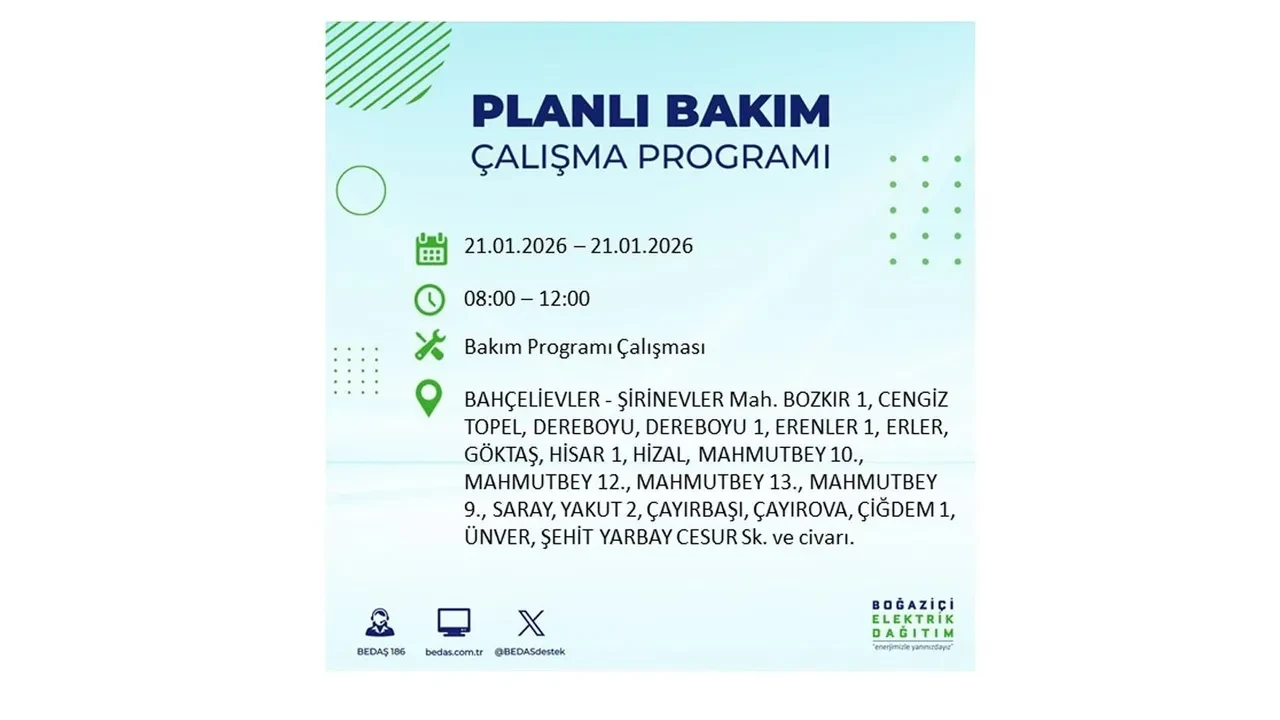 21 Ocak İstanbul planlı elektrik kesintisi duyurusu! 22 ilçeye saatlerce elektrik verilmeyecek: İşte ilçe ilçe kesinti saatleri