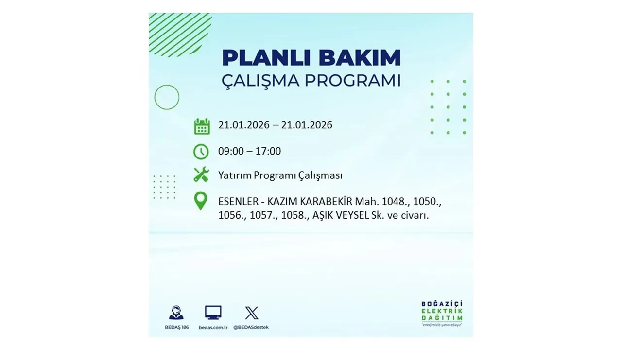 21 Ocak İstanbul planlı elektrik kesintisi duyurusu! 22 ilçeye saatlerce elektrik verilmeyecek: İşte ilçe ilçe kesinti saatleri