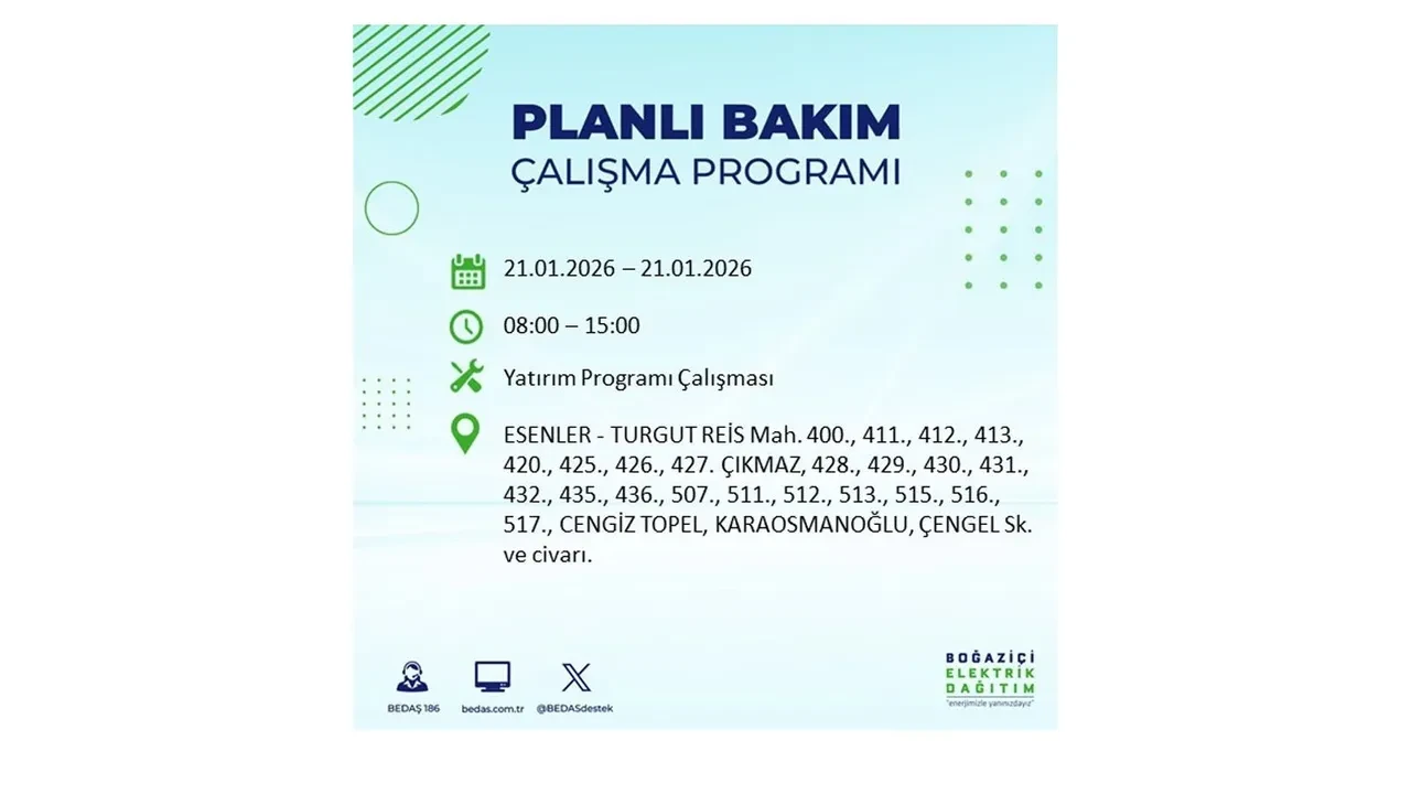 21 Ocak İstanbul planlı elektrik kesintisi duyurusu! 22 ilçeye saatlerce elektrik verilmeyecek: İşte ilçe ilçe kesinti saatleri