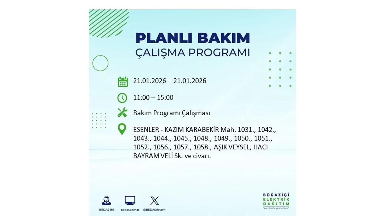 21 Ocak İstanbul planlı elektrik kesintisi duyurusu! 22 ilçeye saatlerce elektrik verilmeyecek: İşte ilçe ilçe kesinti saatleri