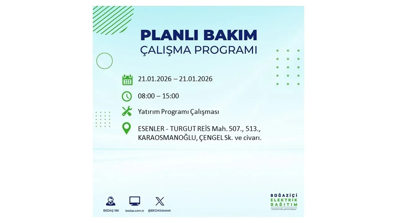 21 Ocak İstanbul planlı elektrik kesintisi duyurusu! 22 ilçeye saatlerce elektrik verilmeyecek: İşte ilçe ilçe kesinti saatleri