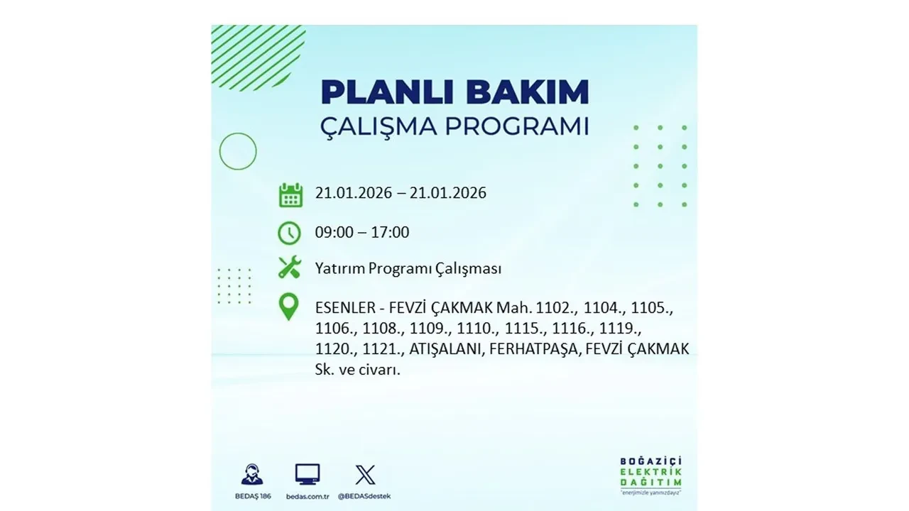 21 Ocak İstanbul planlı elektrik kesintisi duyurusu! 22 ilçeye saatlerce elektrik verilmeyecek: İşte ilçe ilçe kesinti saatleri