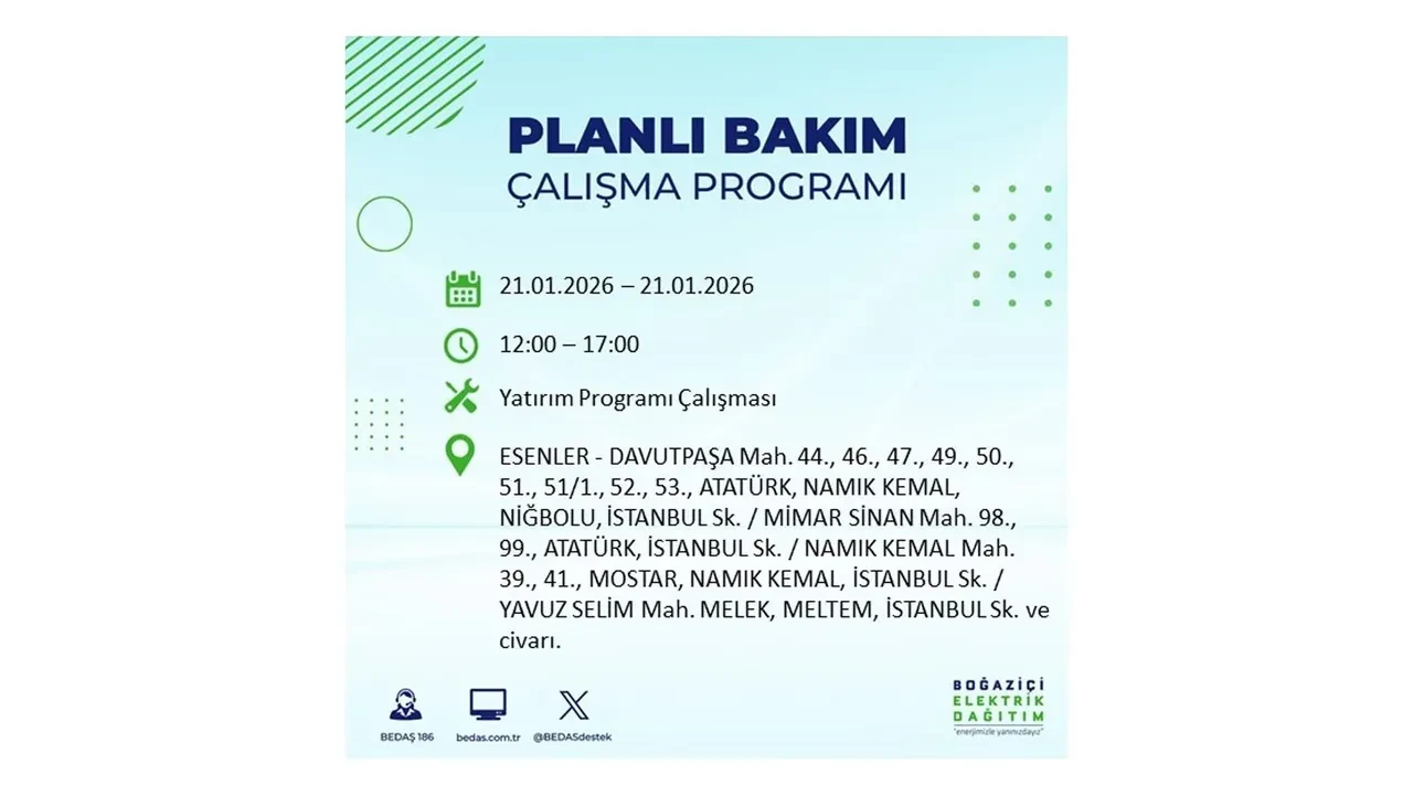 21 Ocak İstanbul planlı elektrik kesintisi duyurusu! 22 ilçeye saatlerce elektrik verilmeyecek: İşte ilçe ilçe kesinti saatleri
