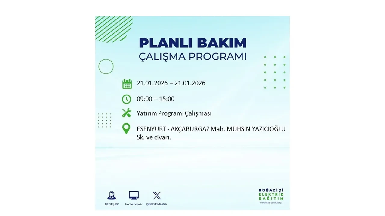 21 Ocak İstanbul planlı elektrik kesintisi duyurusu! 22 ilçeye saatlerce elektrik verilmeyecek: İşte ilçe ilçe kesinti saatleri