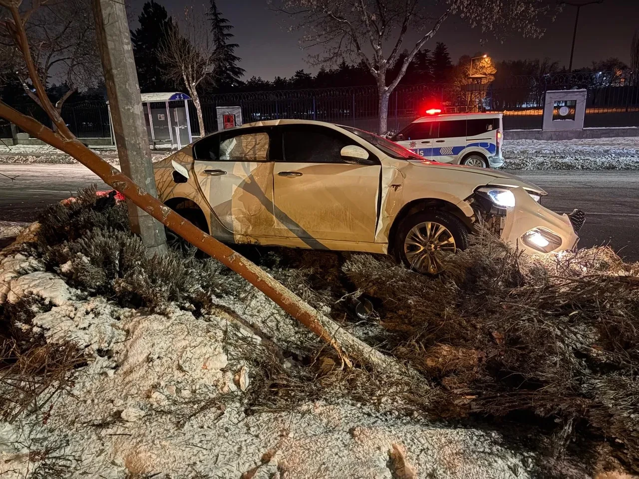 Ağacı devirdi, aydınlatma direğine çarptı! Alkollü sürücü ortalığı birbirine kattı