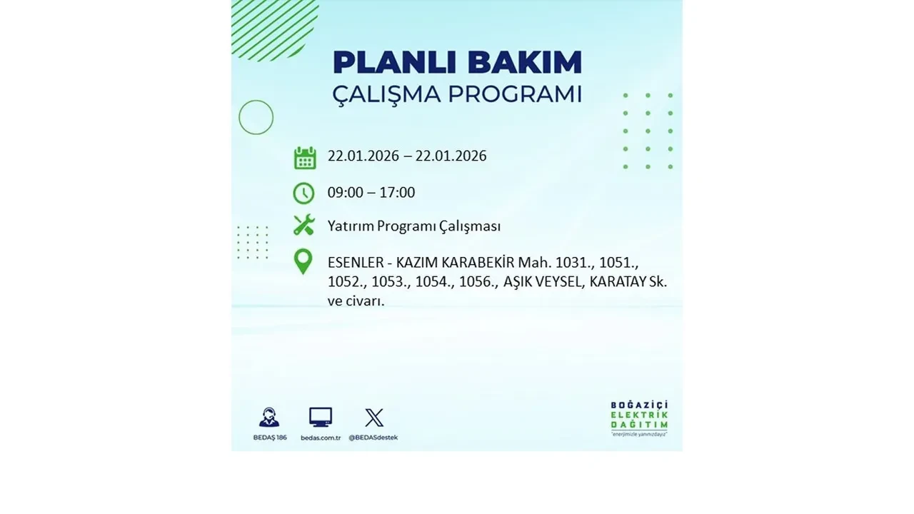 22 Ocak İstanbul elektrik kesintileri tablosu! BEDAŞ açıkladı: Şehrin büyük bölümü karanlıkta kalacak